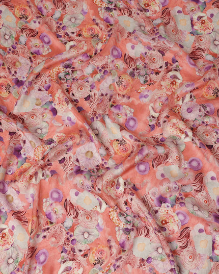 Peach Coral Abstract Floral Printed Viscose Modal Satin Fabric 110 Cms India Origin-D27569