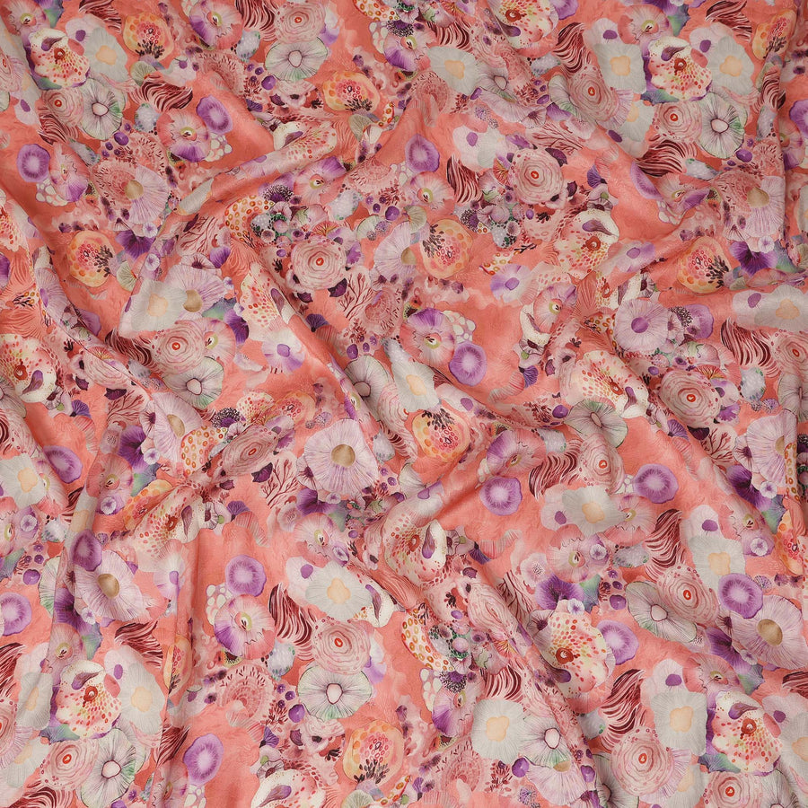 Peach Coral Abstract Floral Printed Viscose Modal Satin Fabric 110 Cms India Origin-D27569