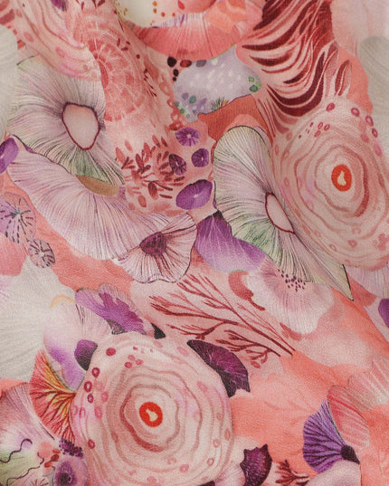 Peach Coral Abstract Floral Printed Viscose Modal Satin Fabric 110 Cms India Origin-D27569