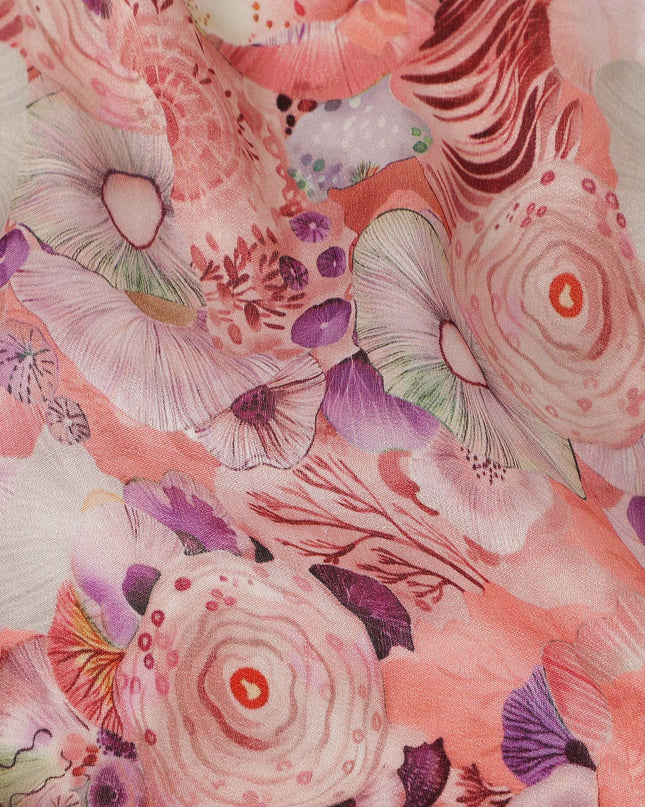 Peach Coral Abstract Floral Printed Viscose Modal Satin Fabric 110 Cms India Origin-D27569