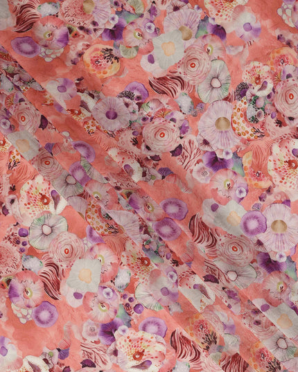 Peach Coral Abstract Floral Printed Viscose Modal Satin Fabric 110 Cms India Origin-D27569