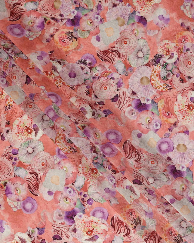 Peach Coral Abstract Floral Printed Viscose Modal Satin Fabric 110 Cms India Origin-D27569