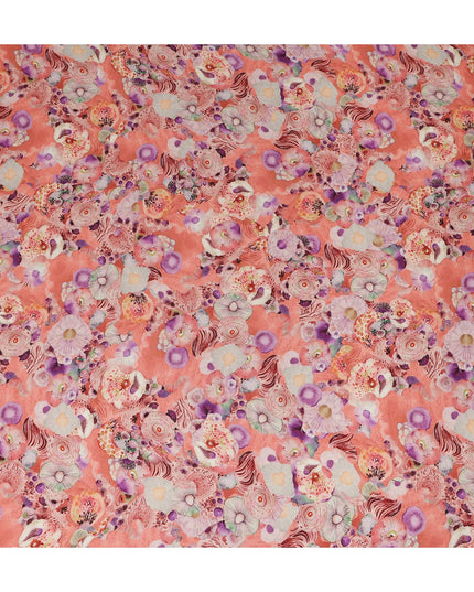 Peach Coral Abstract Floral Printed Viscose Modal Satin Fabric 110 Cms India Origin-D27569