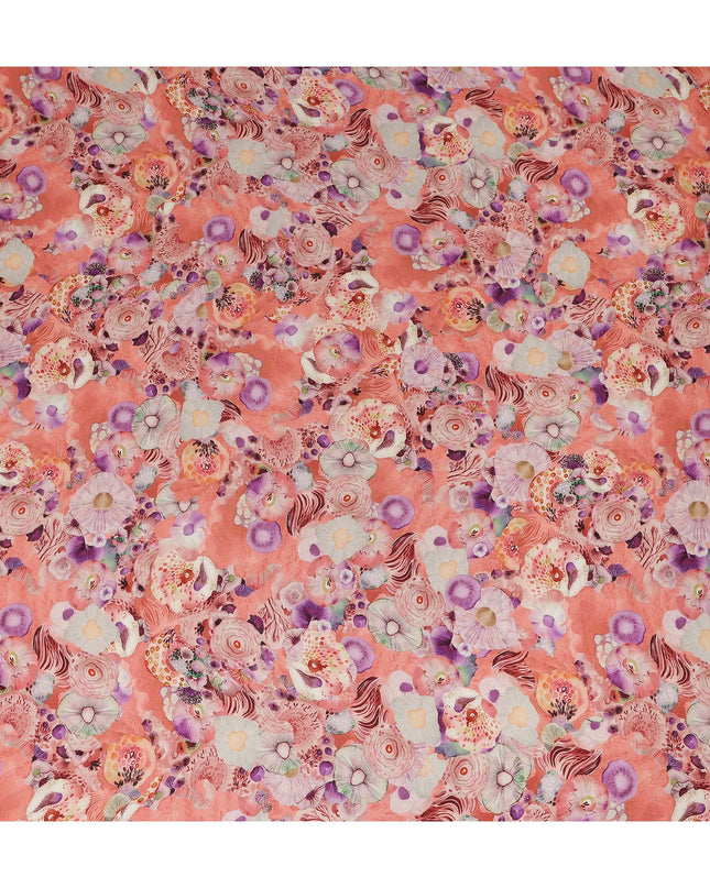 Peach Coral Abstract Floral Printed Viscose Modal Satin Fabric 110 Cms India Origin-D27569