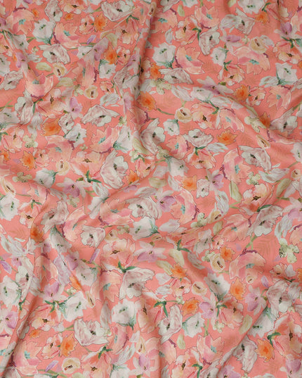 Coral Peach Floral Pure Viscose Modal Satin Fabric 110cm
