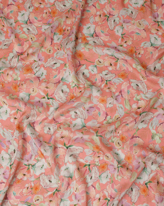 Coral Peach Floral Pure Viscose Modal Satin Fabric 110cm