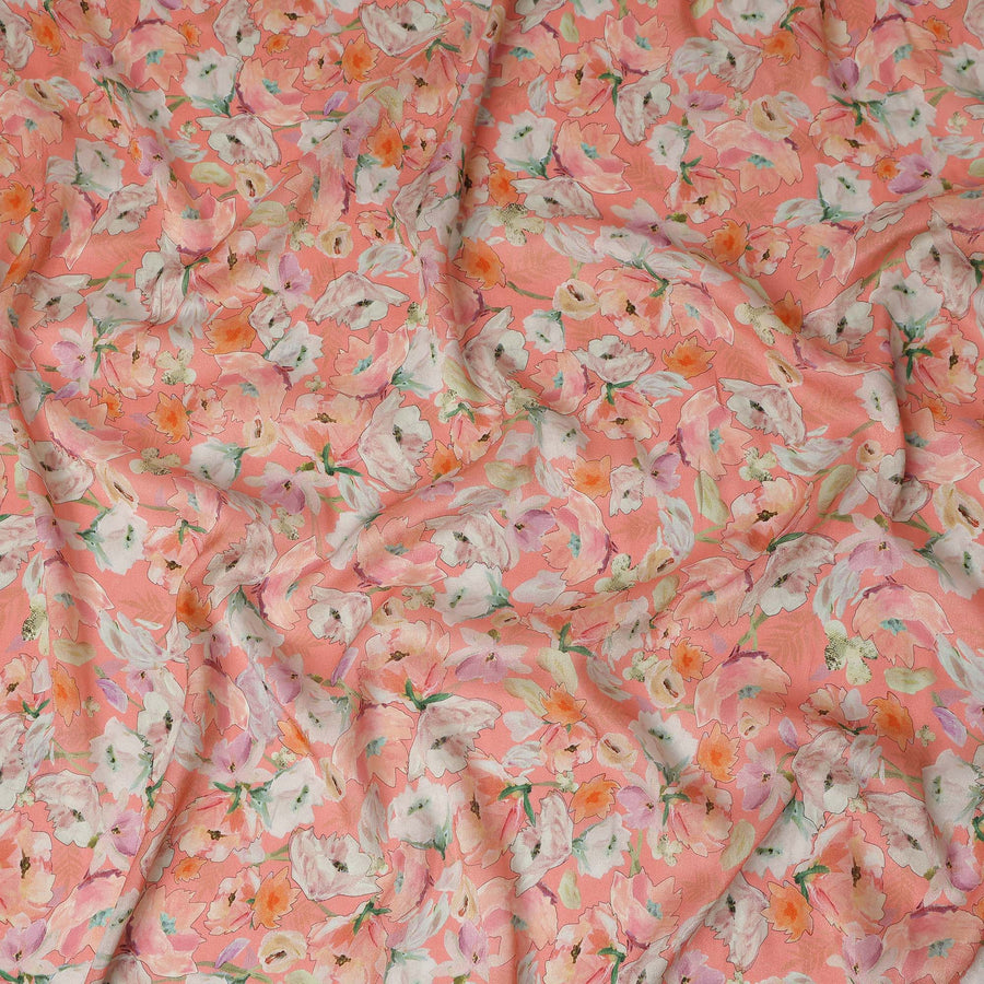 Coral Peach Floral Pure Viscose Modal Satin Fabric 110cm
