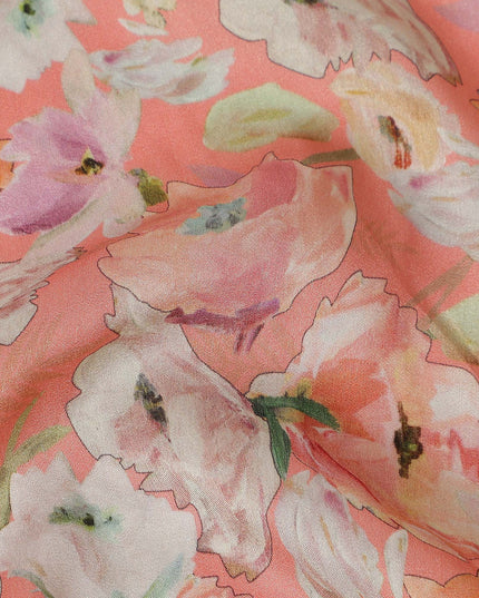 Coral Peach Floral Pure Viscose Modal Satin Fabric 110cm