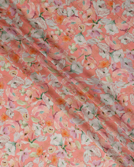 Coral Peach Floral Pure Viscose Modal Satin Fabric 110cm