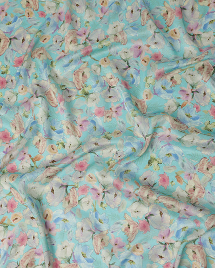 Aqua Blue Floral Printed Viscose Modal Satin Fabric 110 Cms India Origin-D27567