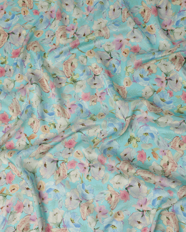 Aqua Blue Floral Printed Viscose Modal Satin Fabric 110 Cms India Origin-D27567