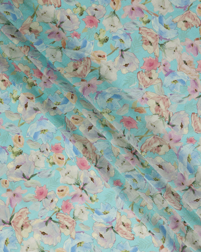 Aqua Blue Floral Printed Viscose Modal Satin Fabric 110 Cms India Origin-D27567