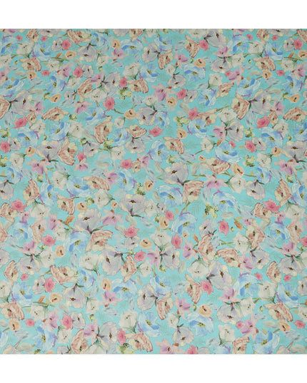 Aqua Blue Floral Printed Viscose Modal Satin Fabric 110 Cms India Origin-D27567