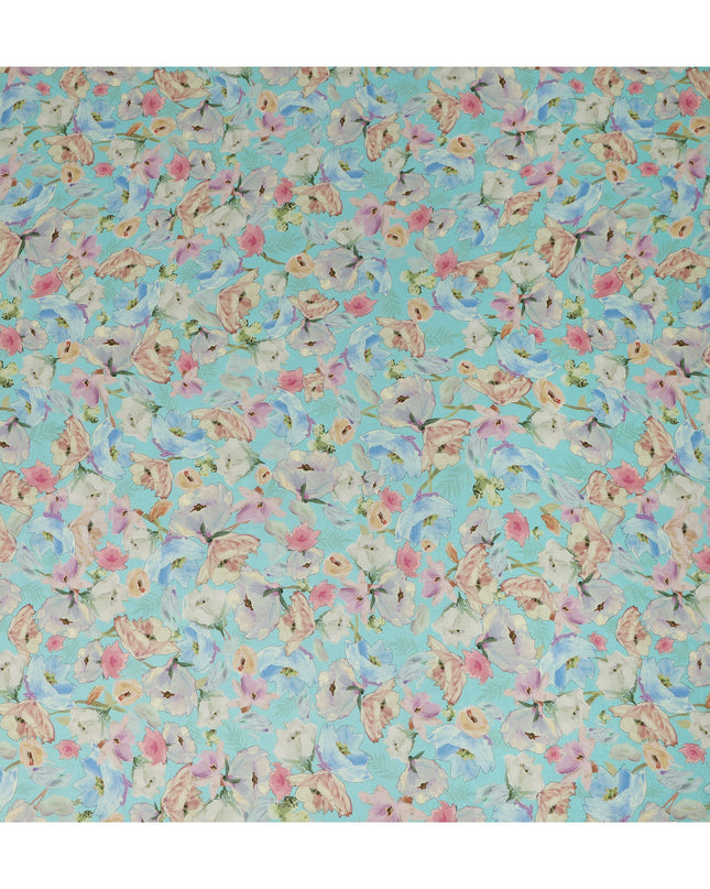 Aqua Blue Floral Printed Viscose Modal Satin Fabric 110 Cms India Origin-D27567