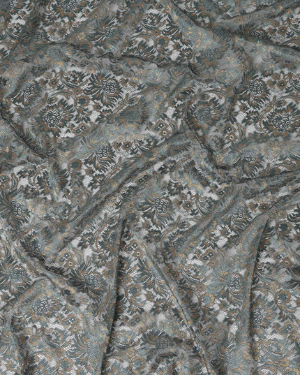Slate Grey Floral Metallic Embroidered Synthetic Lace Fabric Premium Design 110 Cms Made in South Korea-D27471