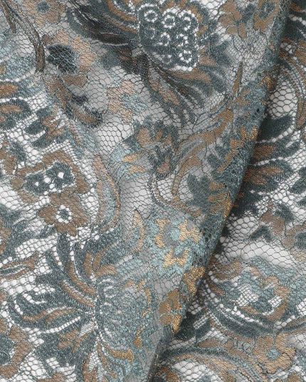 Slate Grey Floral Metallic Embroidered Synthetic Lace Fabric Premium Design 110 Cms Made in South Korea-D27471