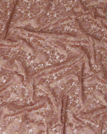 Rose Gold Floral Metallic Embroidered Synthetic Lace Fabric Elegant Design 110 Cms Made in South Korea-D27465