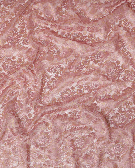 Rose Pink Floral Metallic Embroidered Synthetic Lace Fabric Elegant Shimmer Design 110 Cms Width Made in South Korea-D27462