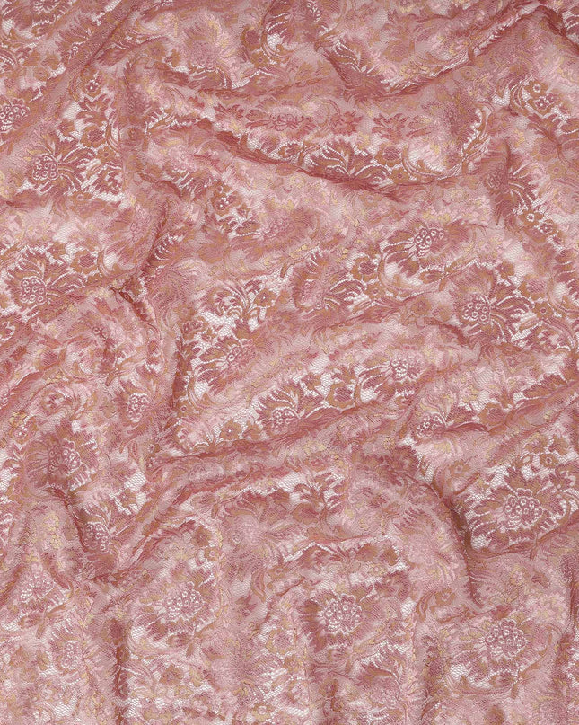 Rose Pink Floral Metallic Embroidered Synthetic Lace Fabric Elegant Shimmer Design 110 Cms Width Made in South Korea-D27462