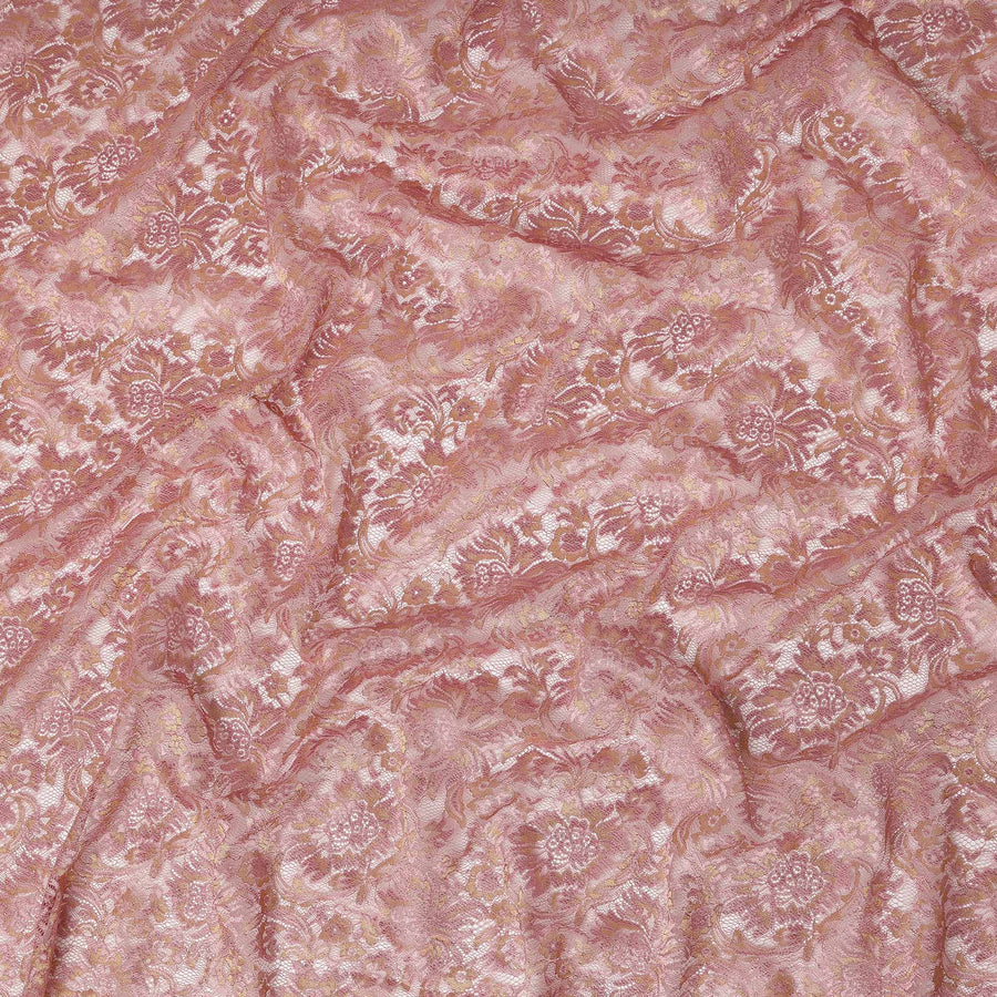 Rose Pink Floral Metallic Embroidered Synthetic Lace Fabric Elegant Shimmer Design 110 Cms Width Made in South Korea-D27462