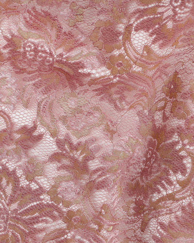 Rose Pink Floral Metallic Embroidered Synthetic Lace Fabric Elegant Shimmer Design 110 Cms Width Made in South Korea-D27462