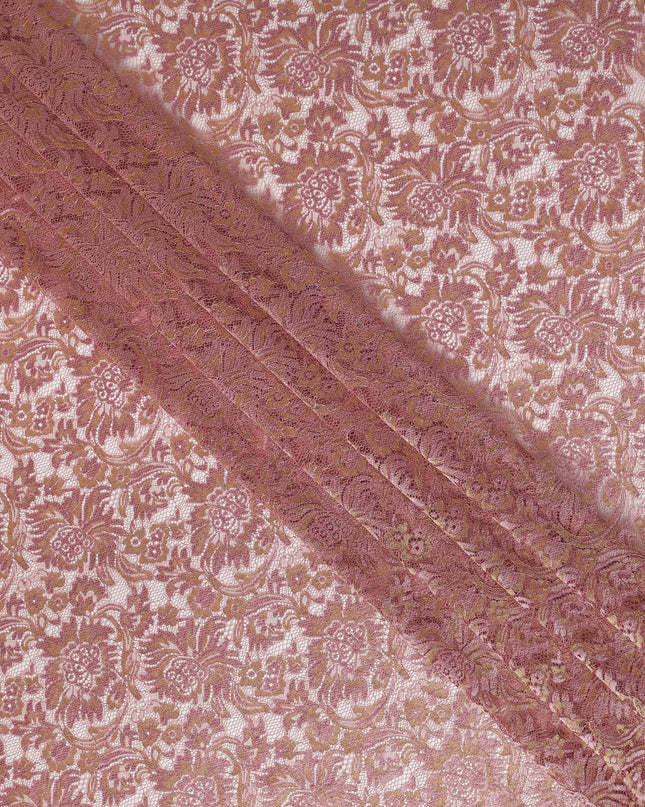 Rose Pink Floral Metallic Embroidered Synthetic Lace Fabric Elegant Shimmer Design 110 Cms Width Made in South Korea-D27462