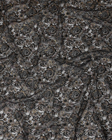 Black Floral Metallic Embroidered Synthetic Lace Fabric Elegant Design 110 Cms Made in South Korea-D27472
