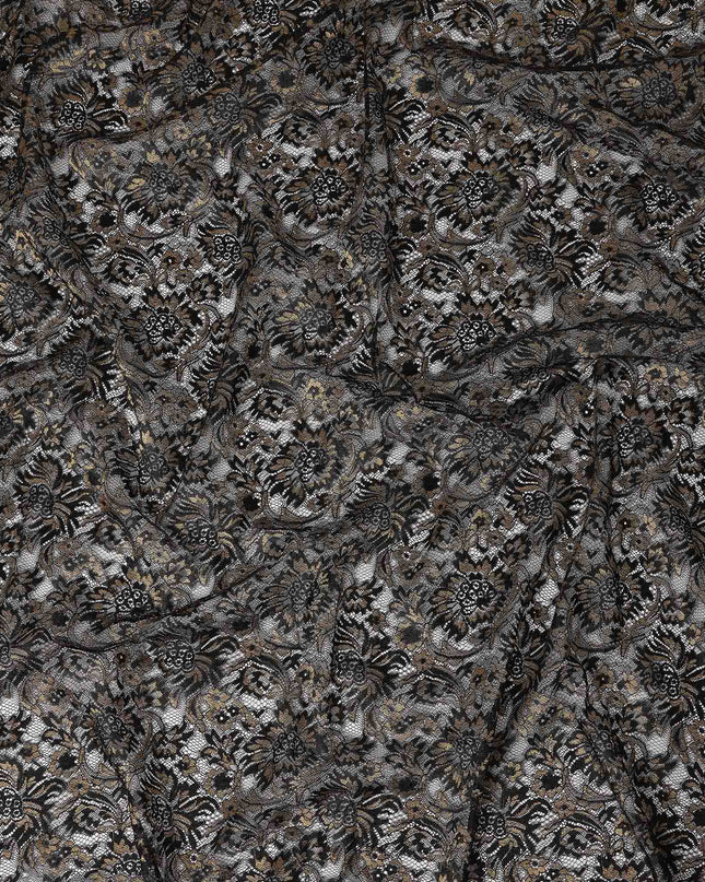 Black Floral Metallic Embroidered Synthetic Lace Fabric Elegant Design 110 Cms Made in South Korea-D27472