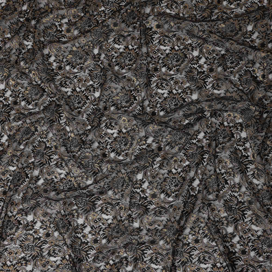 Black Floral Metallic Embroidered Synthetic Lace Fabric Elegant Design 110 Cms Made in South Korea-D27472