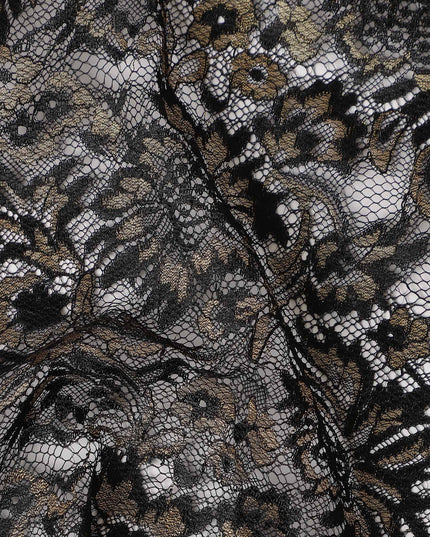 Black Floral Metallic Embroidered Synthetic Lace Fabric Elegant Design 110 Cms Made in South Korea-D27472