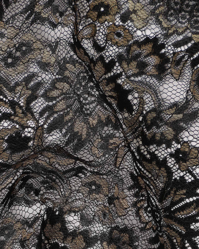 Black Floral Metallic Embroidered Synthetic Lace Fabric Elegant Design 110 Cms Made in South Korea-D27472