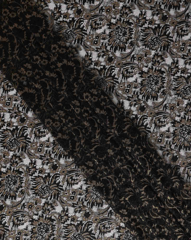 Black Floral Metallic Embroidered Synthetic Lace Fabric Elegant Design 110 Cms Made in South Korea-D27472