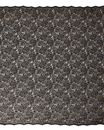Black Floral Metallic Embroidered Synthetic Lace Fabric Elegant Design 110 Cms Made in South Korea-D27472