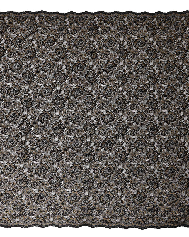 Black Floral Metallic Embroidered Synthetic Lace Fabric Elegant Design 110 Cms Made in South Korea-D27472