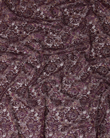 Plum Purple Floral Metallic Embroidered Synthetic Lace Fabric Luxury Design 110 Cms Made in South Korea-D27474