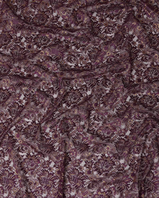 Plum Purple Floral Metallic Embroidered Synthetic Lace Fabric Luxury Design 110 Cms Made in South Korea-D27474