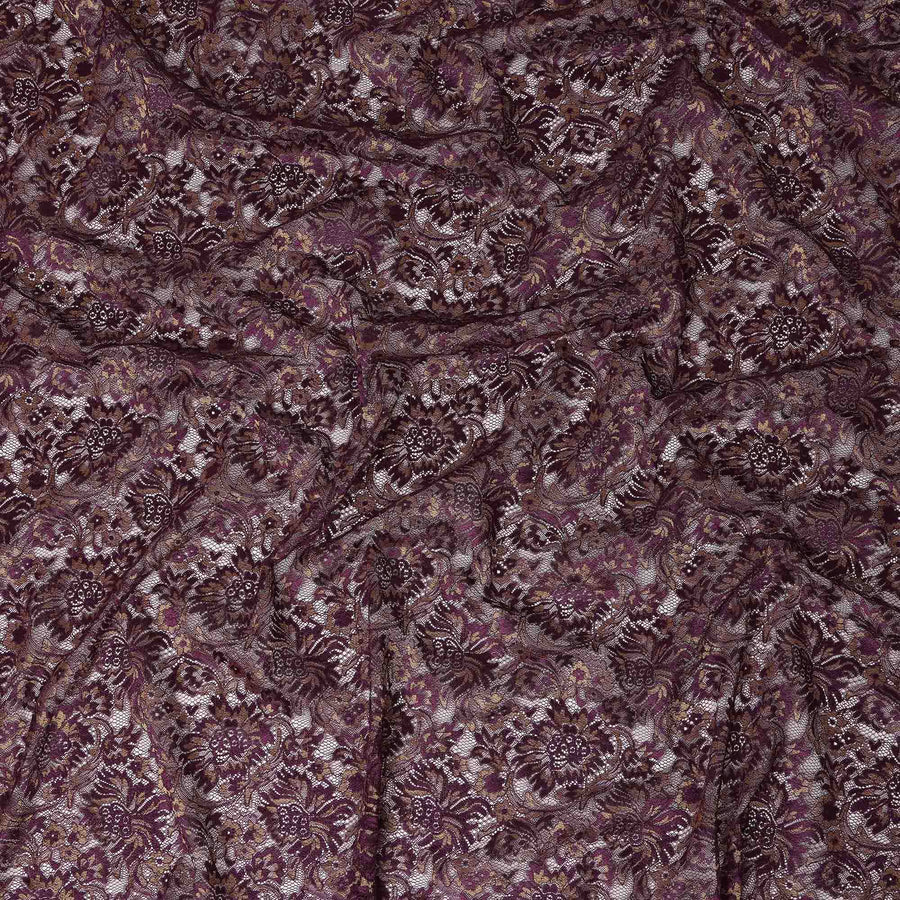 Plum Purple Floral Metallic Embroidered Synthetic Lace Fabric Luxury Design 110 Cms Made in South Korea-D27474