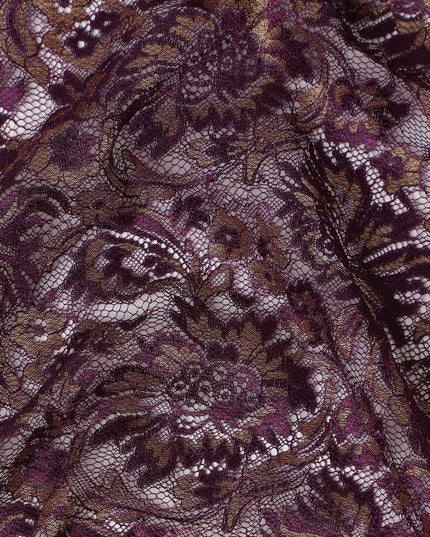 Plum Purple Floral Metallic Embroidered Synthetic Lace Fabric Luxury Design 110 Cms Made in South Korea-D27474