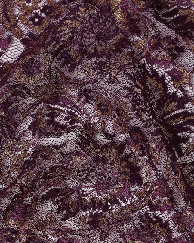 Plum Purple Floral Metallic Embroidered Synthetic Lace Fabric Luxury Design 110 Cms Made in South Korea-D27474