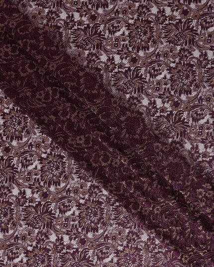 Plum Purple Floral Metallic Embroidered Synthetic Lace Fabric Luxury Design 110 Cms Made in South Korea-D27474