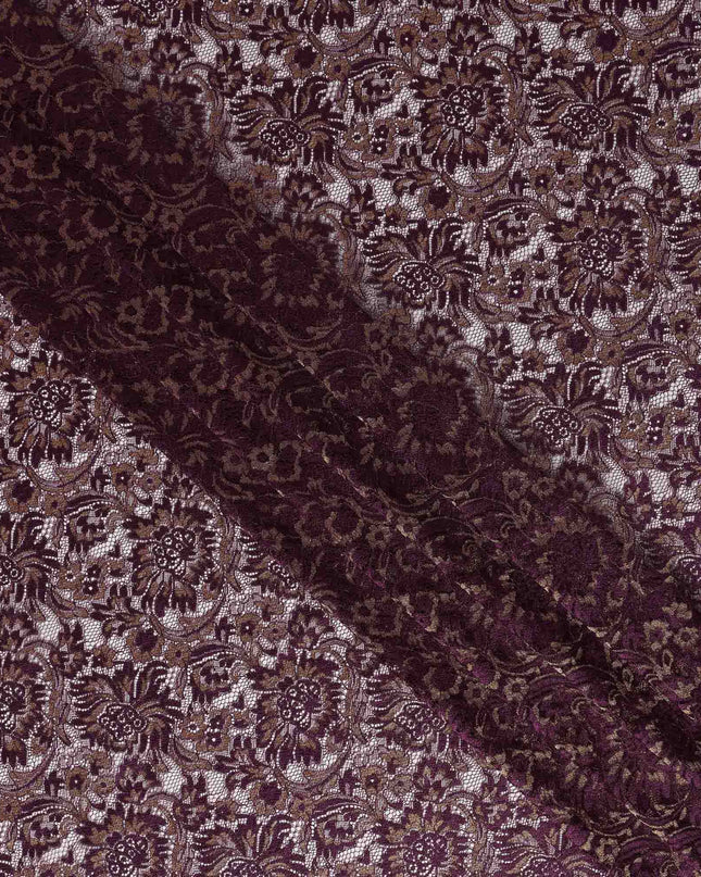Plum Purple Floral Metallic Embroidered Synthetic Lace Fabric Luxury Design 110 Cms Made in South Korea-D27474