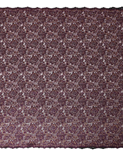 Plum Purple Floral Metallic Embroidered Synthetic Lace Fabric Luxury Design 110 Cms Made in South Korea-D27474