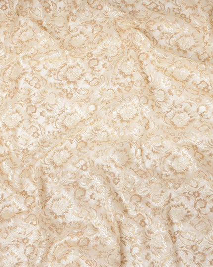 Ivory Floral Metallic Embroidered Synthetic Lace Fabric Premium Design 110 Cms Made in South Korea-D27475