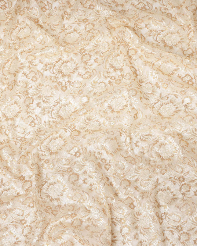 Ivory Floral Metallic Embroidered Synthetic Lace Fabric Premium Design 110 Cms Made in South Korea-D27475