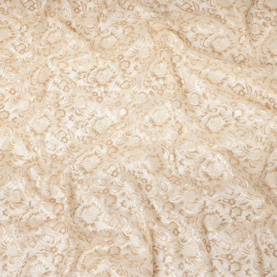 Ivory Floral Metallic Embroidered Synthetic Lace Fabric Premium Design 110 Cms Made in South Korea-D27475