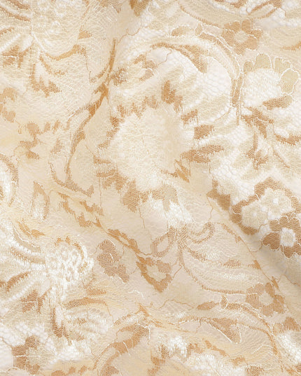Ivory Floral Metallic Embroidered Synthetic Lace Fabric Premium Design 110 Cms Made in South Korea-D27475