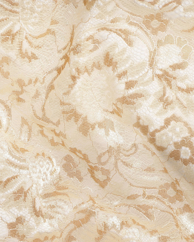 Ivory Floral Metallic Embroidered Synthetic Lace Fabric Premium Design 110 Cms Made in South Korea-D27475