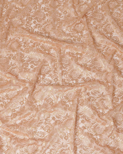 Peach Nude Floral Metallic Embroidered Synthetic Lace Fabric Elegant Design 110 Cms Made in South Korea-D27467