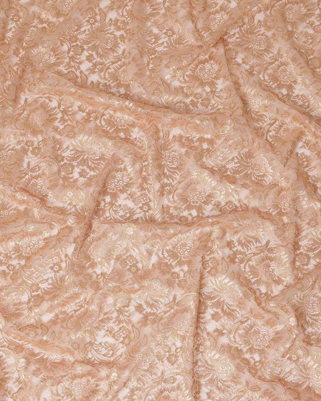 Peach Nude Floral Metallic Embroidered Synthetic Lace Fabric Elegant Design 110 Cms Made in South Korea-D27467