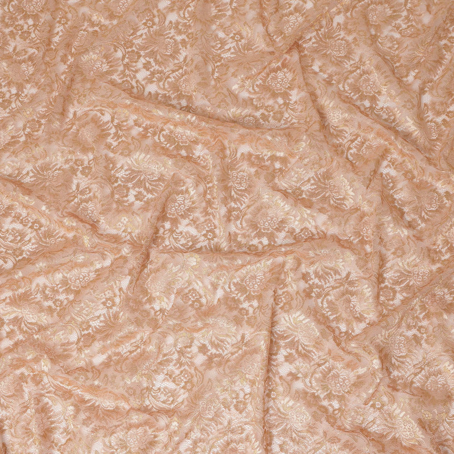 Peach Nude Floral Metallic Embroidered Synthetic Lace Fabric Elegant Design 110 Cms Made in South Korea-D27467